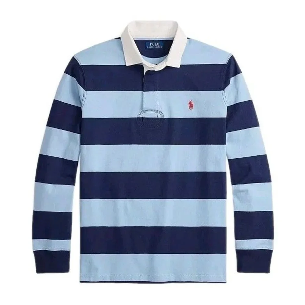 NWT Polo Ralph Lauren Light Blue & Navy Striped Sz Large Mens Rugby Long Sleeve